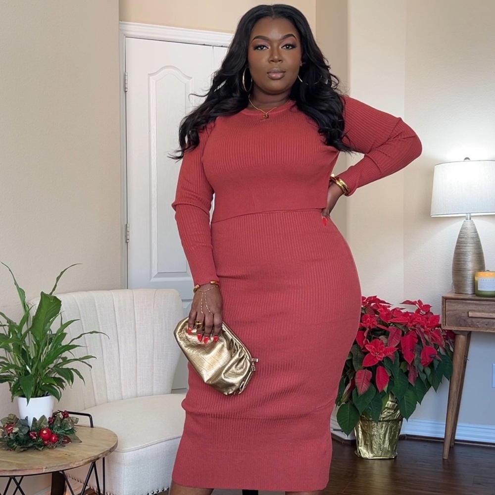 NEW Women’s Ribbed Knit Coord Skirt Set color “Rust” Size XL Fall Autumn Winter